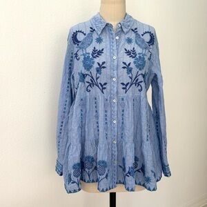 Johnny Was Workshop Tarra Tunic NWT Blue Cotton Blend Tropical Embroidery M